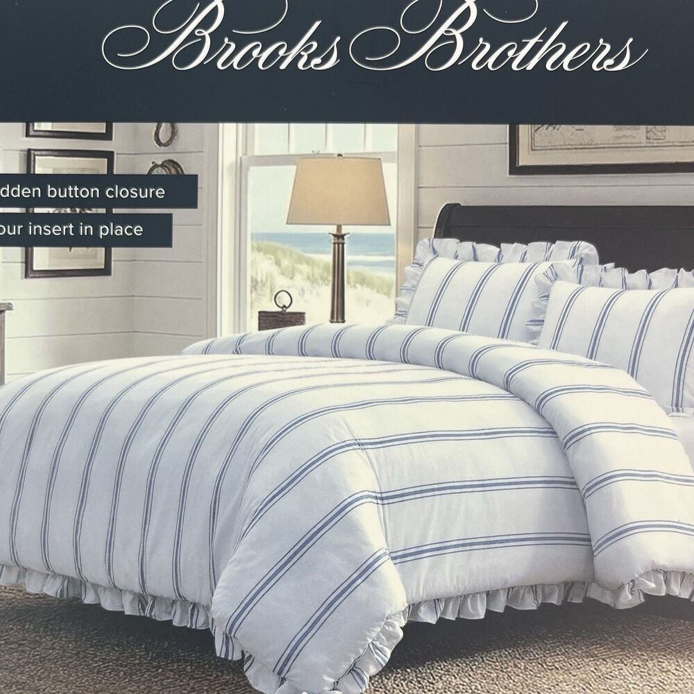 Brooks Brothers Queen Duvet Set Blue White Stripe Ruffle 100% Cotton Cottage New